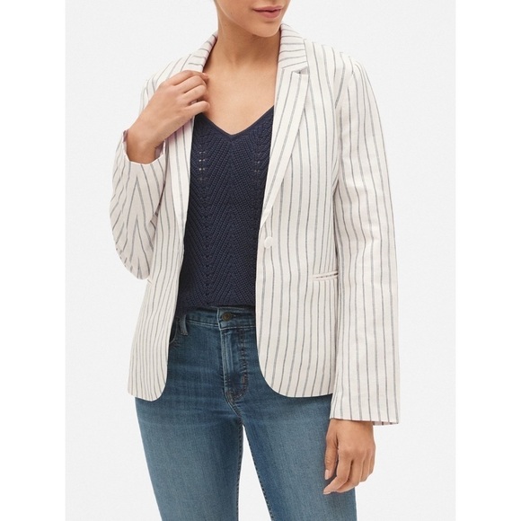 NWT GAP Linen Cotton Blend White Navy Blue Striped Blazer - Size 2 - Picture 1 of 7